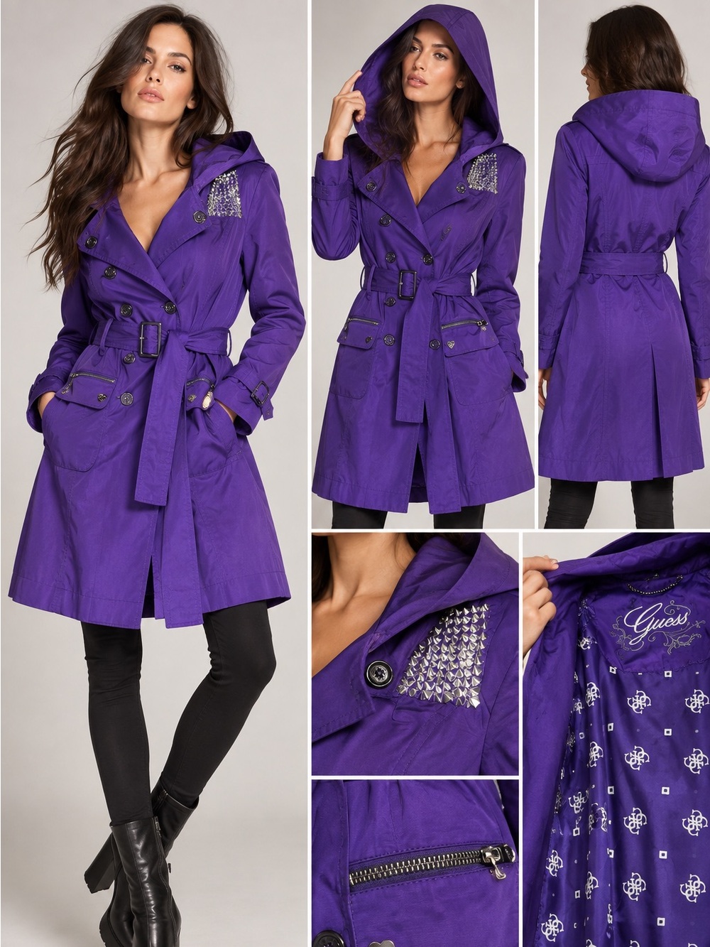 Vintage GUESS Purple Studded Spike Hooded Trench Coat Belted Y2K Size Small